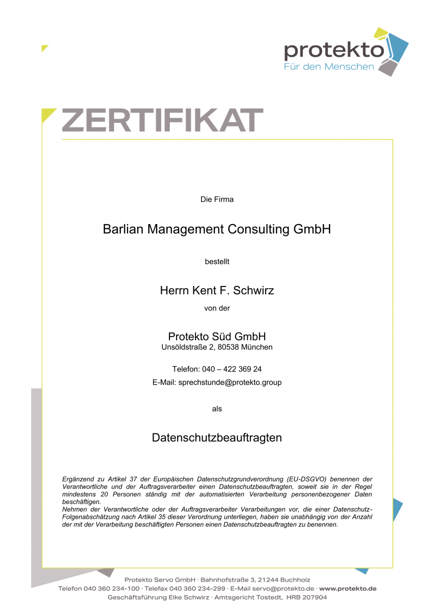 Barlian Management Consulting GmbH protekto Datenschutz Zertifikat